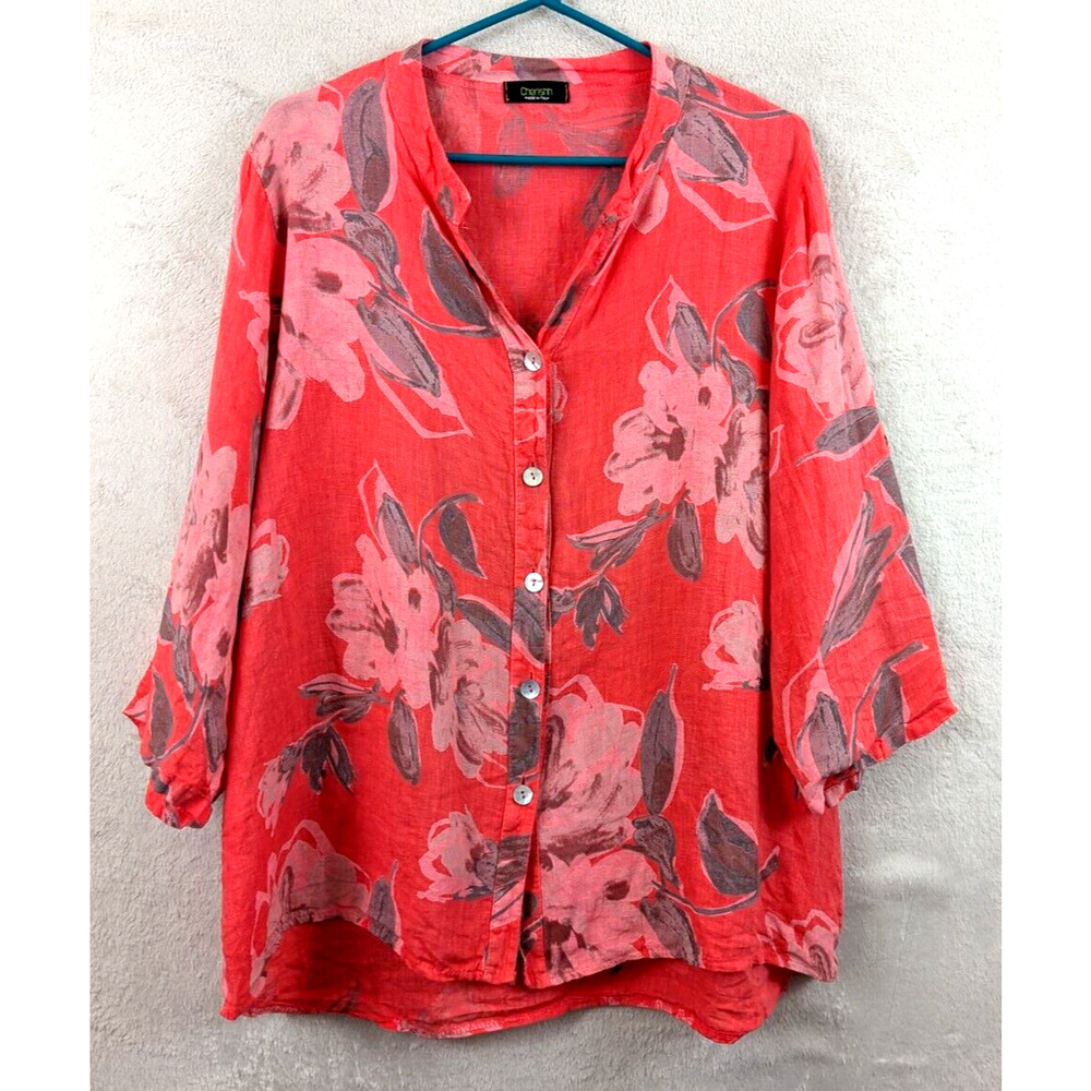 Cherishh Made In Italy sz S/M Linen Blouse salmon pink floral pirnt top 1356